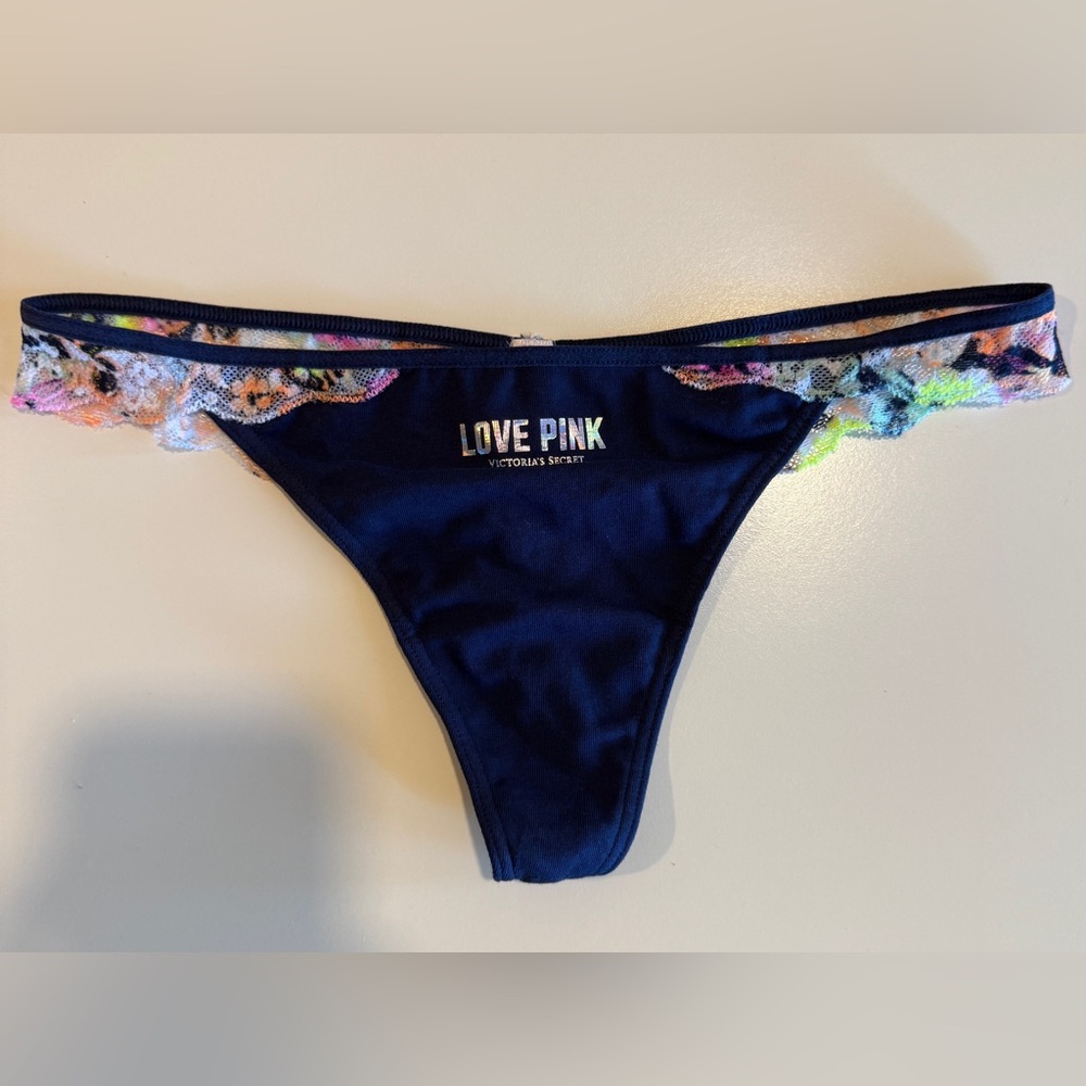 NWT PINK Victoria's Secret navy low rise lace detail thong